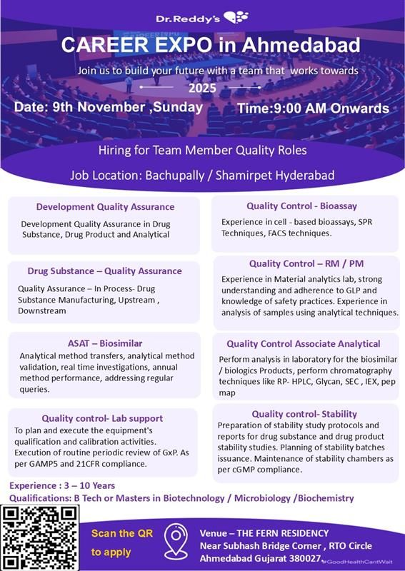 Dr. Reddy's Career Expo - Team Member Roles in Manufacturing & Quality on 9th Nov