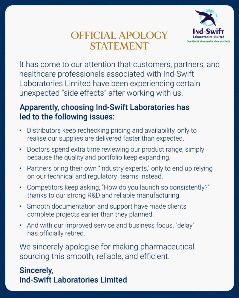 Ind-Swift Laboratories Issues Unprecedented “Apology” for Unmatched Service Excellence