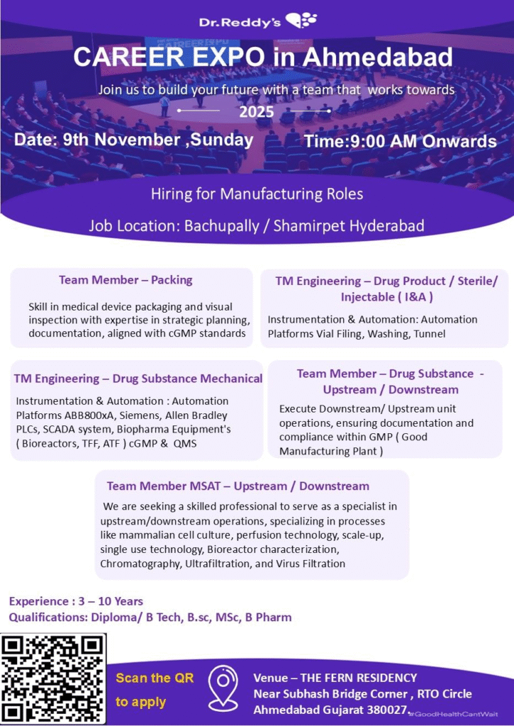 Dr. Reddy's Career Expo - Team Member Roles in Manufacturing & Quality