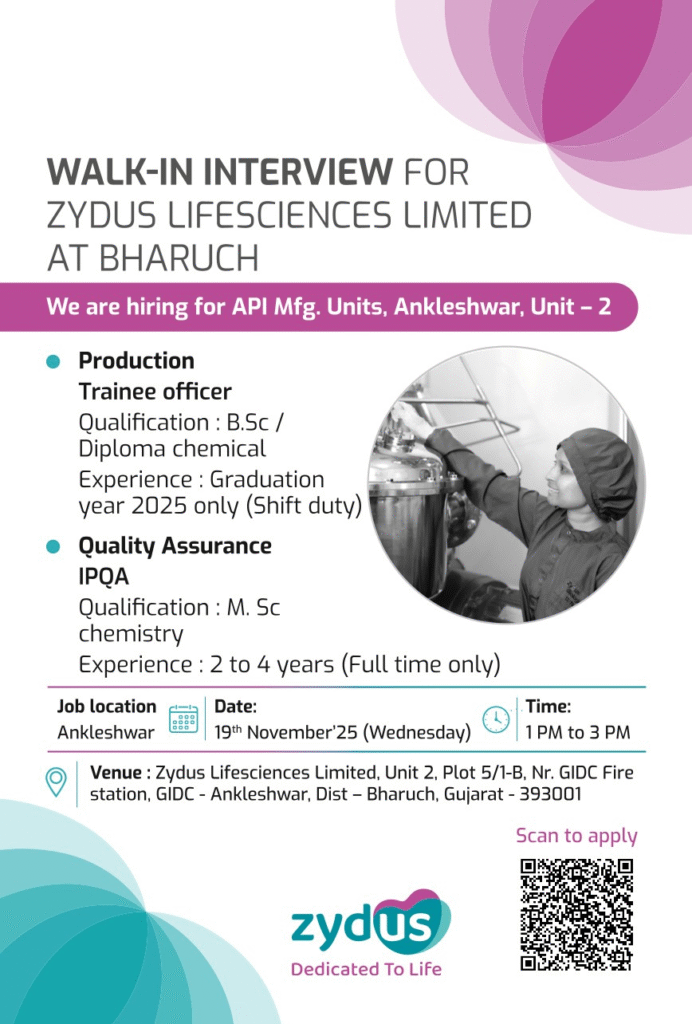 Fresher Jobs @ Zydus Lifesciences Limited - Walk-in Interview for Pharma Jobs | Production & QA Opportunities