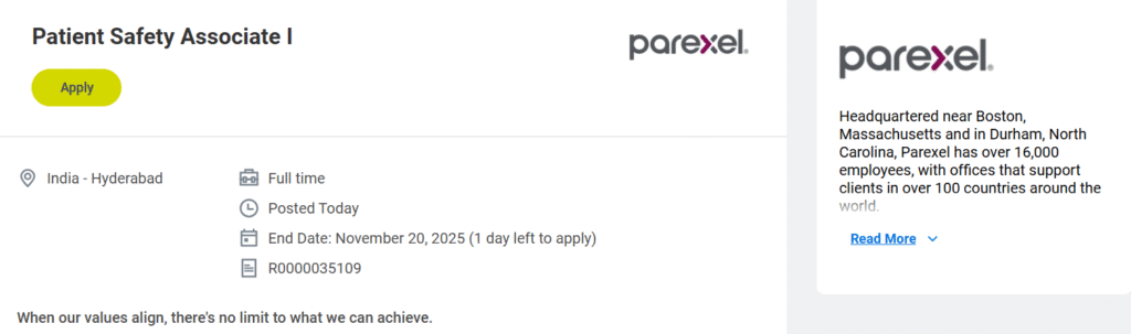 Parexel Hiring for Patient Safety Associate I | Pharmacovigilance Jobs 2025