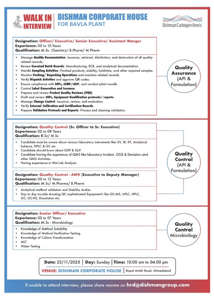 Walk-In Interview @ Dishman Carbogen Amcis 2025 - Hiring for QA, QC, Microbiology, Engineering & Store Jobs on 23rd November