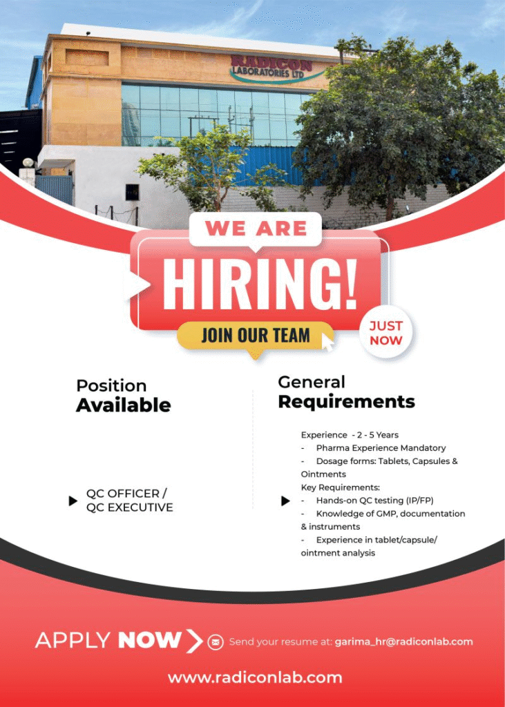 Radicon Laboratories Ltd Walk-In/Direct Hiring 2025: QC Officer & Executive Jobs in Greater Noida
