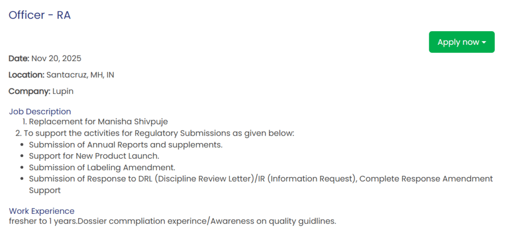 Officer - Regulatory Affairs (RA) Job at Lupin in Santacruz, Mumbai
