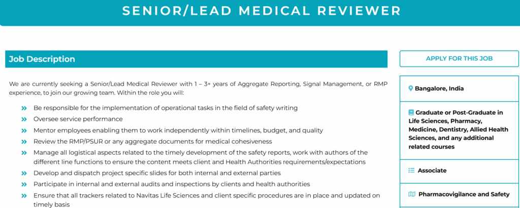 Navitas Life Sciences is Hiring Lead Medical Reviewer – Pharmacovigilance