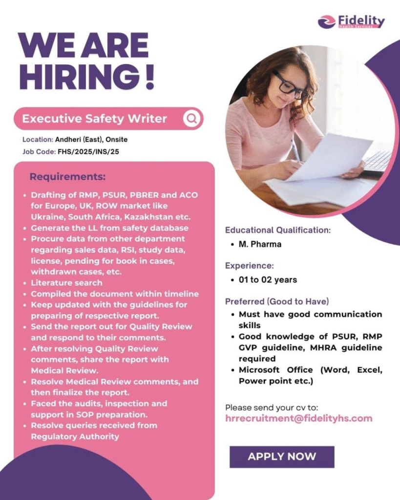 Fidelity Health Sciences Hiring for Executive Safety Writer – Pharmacovigilance