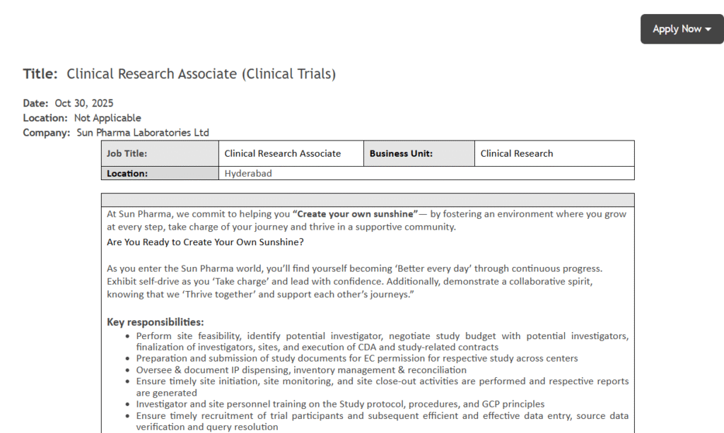 Sun Pharma is Hiring Clinical Research Associate (Clinical Trials) | 1 to 5 Years Exp