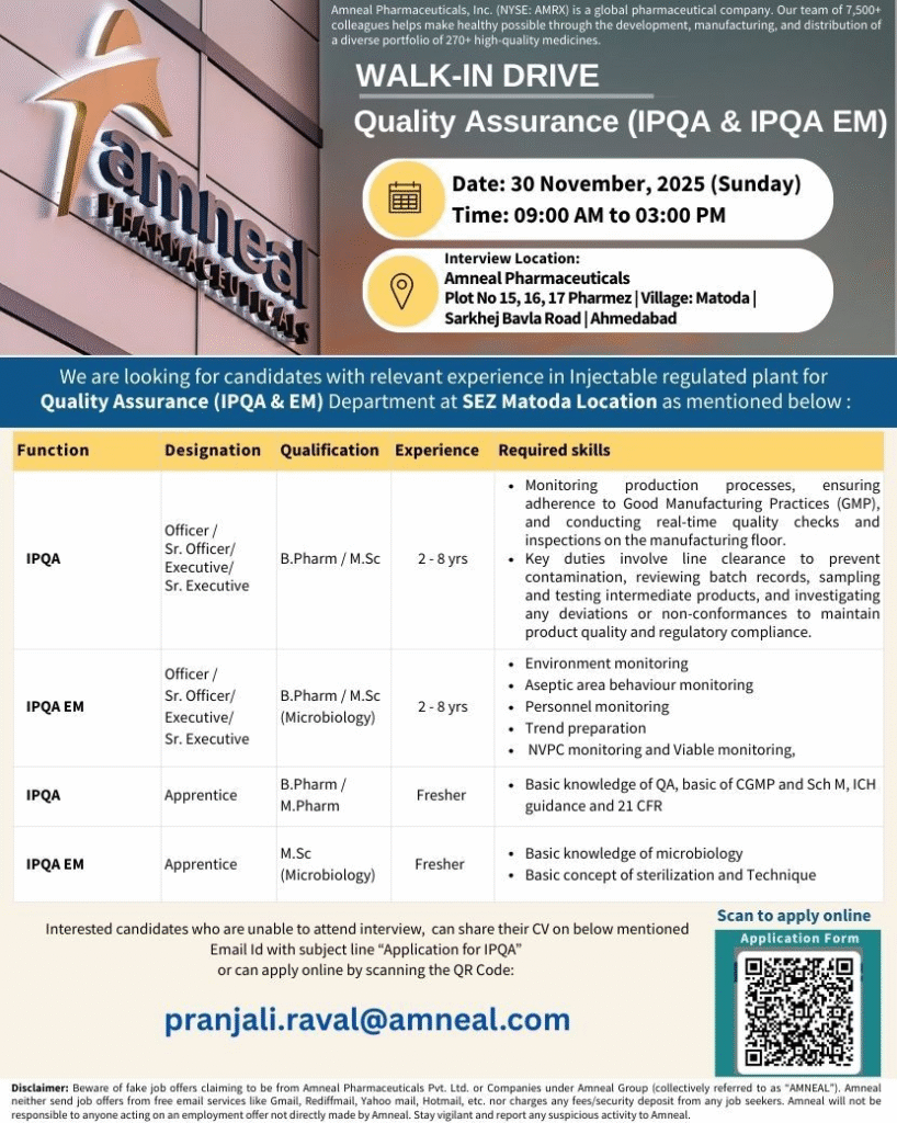 [Freshers & Experienced] Amneal Pharmaceuticals Walk-in Interview for Quality Assurance (IPQA & IPQA EM) Roles | Pharma Jobs in Ahmedabad