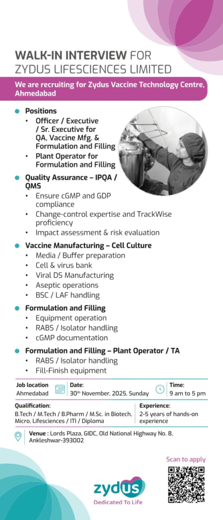 Zydus Lifesciences Limited is Hiring for Quality Assurance - IPQA / OMS | Walk-in Drive on 30th Nov