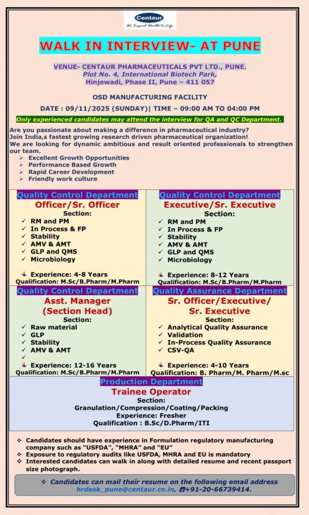 Centaur Pharmaceuticals Walk-in Interview for QA, QC & Production Jobs in Pune on 9th Nov