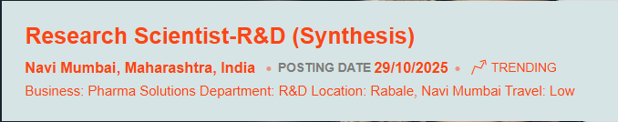 Piramal Pharma Solutions Hiring Research Scientist - R&D (Synthesis) | Innovative Pharma Jobs in Navi Mumbai