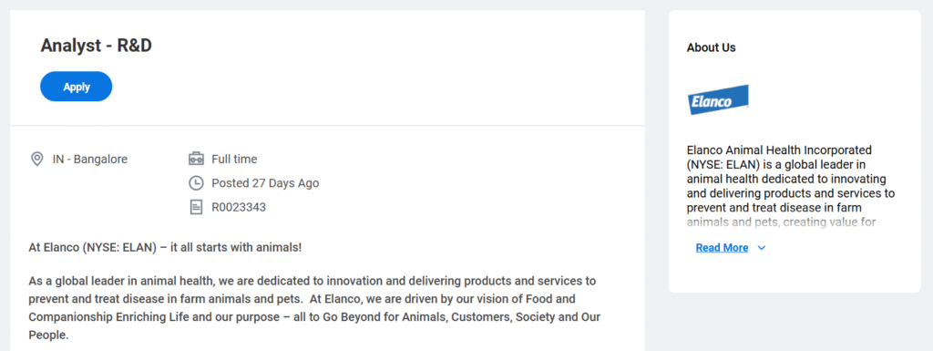 Elanco Hiring Freshers As Analyst - R&D | Exciting Pharma Jobs in Bangalore for Freshers