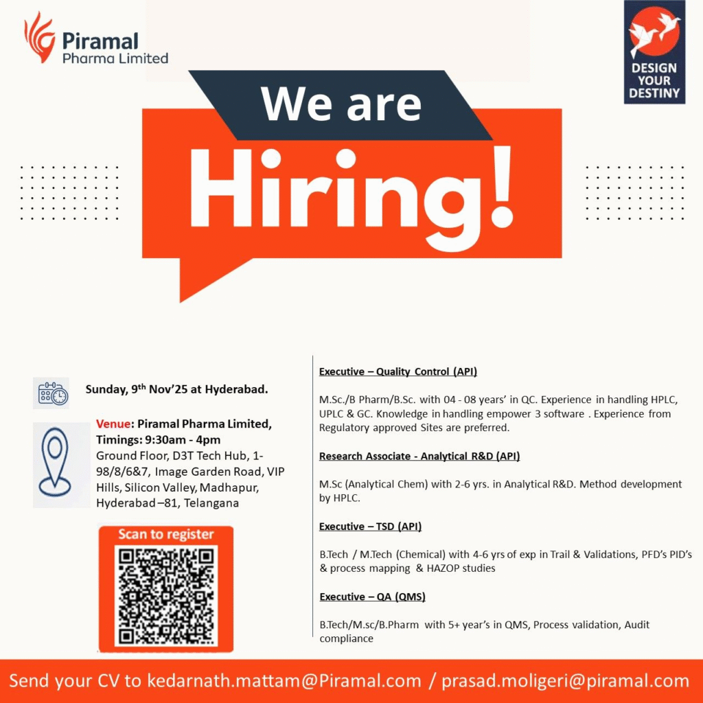 Piramal Pharma Limited Apprentice: Walk-in Interview for Pharma Jobs in Hyderabad on Nov 9, 2025