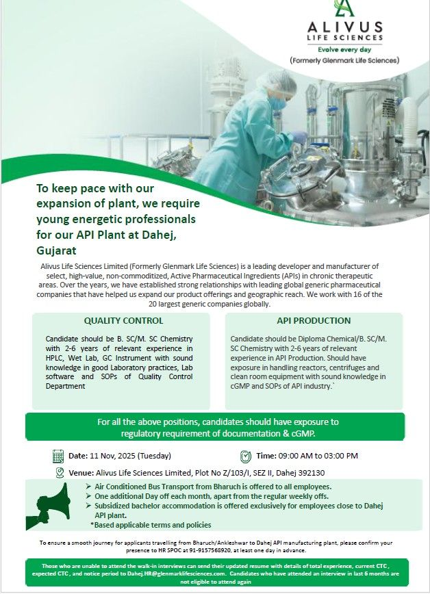 Alivus Life Sciences Walk-in Interview for QC and Production Roles on 11th Nov