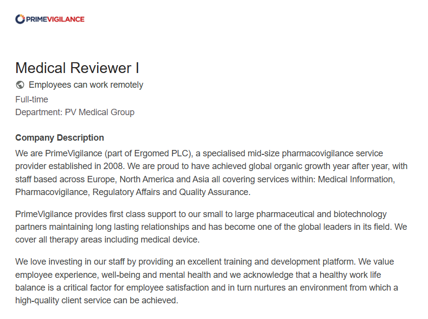 PrimeVigilance Hiring Medical Reviewer