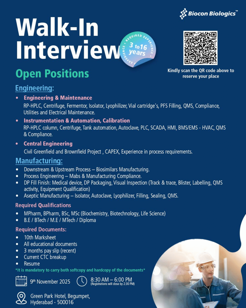 Biocon Biologics Hiring for Engineering & Manufacturing Roles | Walk-in Interview on 9th Nov
