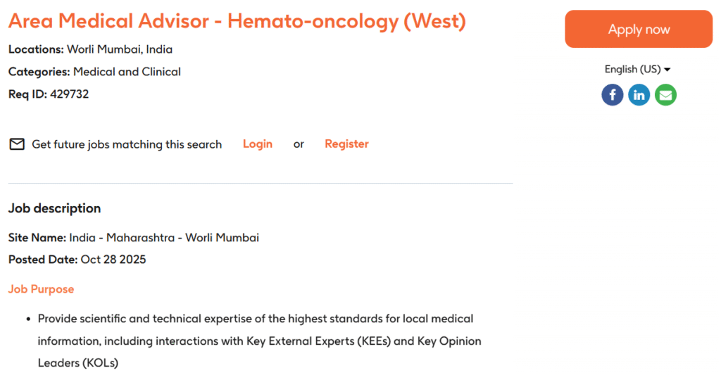 GSK Hiring for Area Medical Advisor - Hemato-Oncology (West) | 1-2 Years Exp