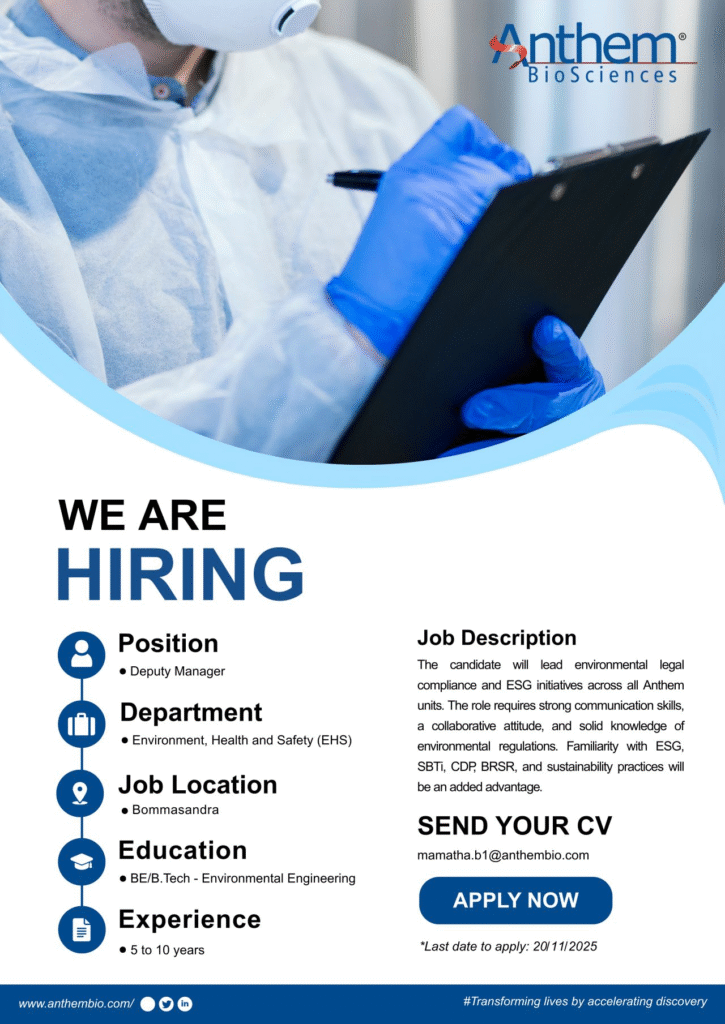 Anthem BioSciences Hiring Deputy Manager: Lead EHS and ESG Initiatives