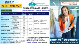 200+ Job Openings @ Shilpa Medicare Limited - Walk-in Interviews for Production and QA Roles