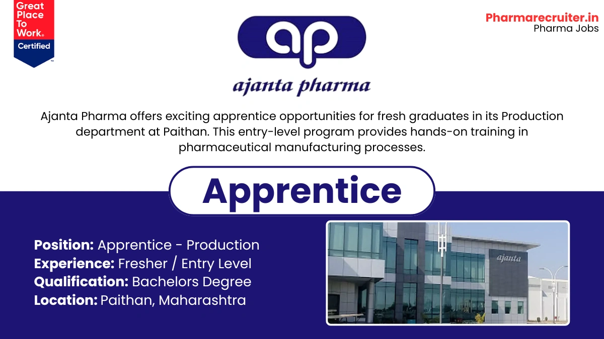 Ajanta Pharma Hiring Freshers for Apprentice - Production