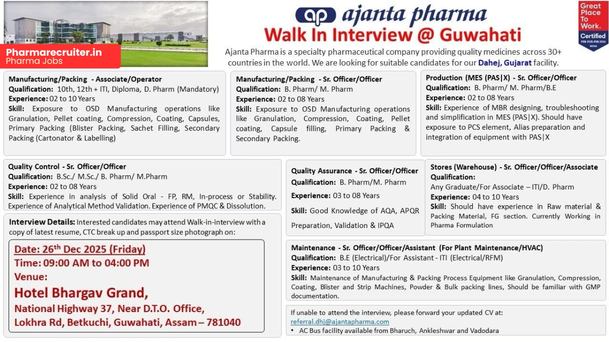 Ajanta Pharma Walk-In Interview 2025 - Production, QC & QA Jobs