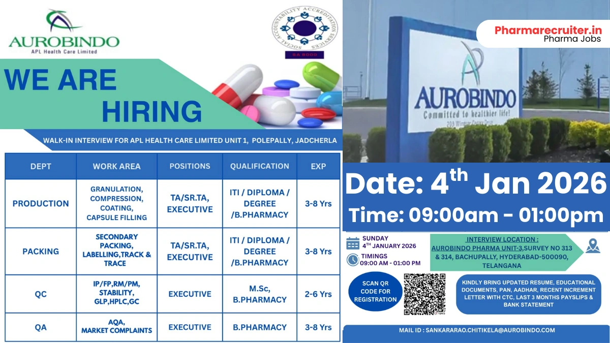 Aurobindo Pharma (APL Healthcare Limited) Walk-In Interview for Production, Packing, QC & QA Pharma Jobs on 4th Jan 2026