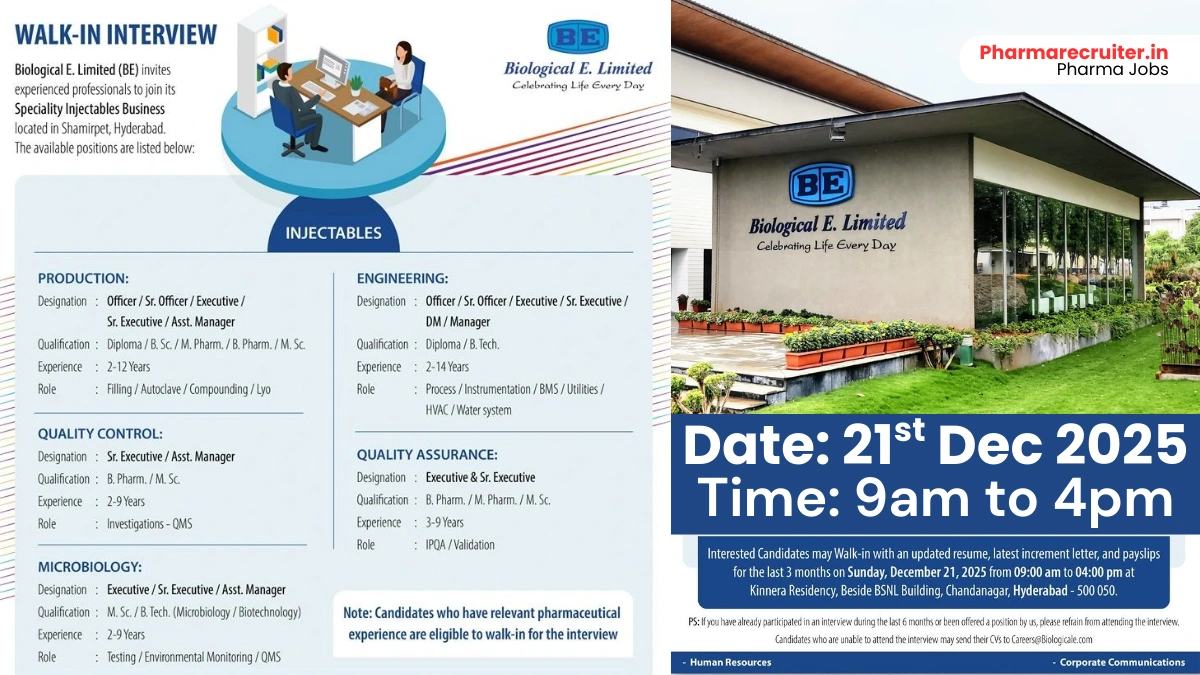 Biological E. Limited Hiring for Production, QA, QC, Engineering & Microbiology in Hyderabad