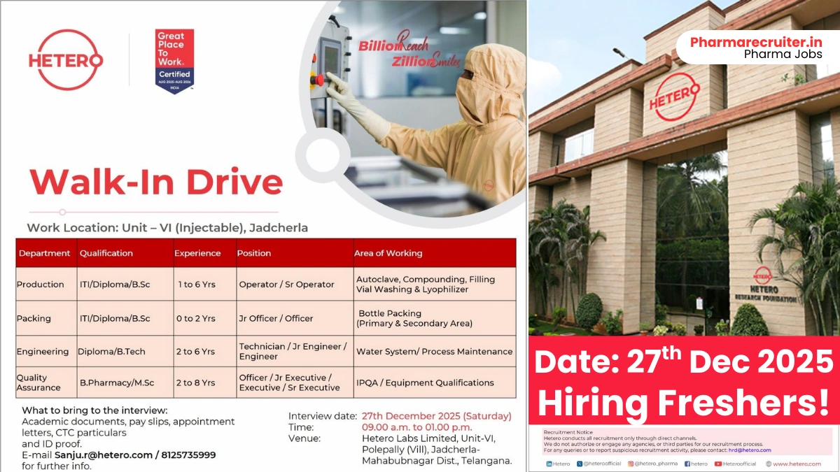 Hetero Labs Hiring for Injectable Unit-VI Production, Packing, Engineering & QA Jobs