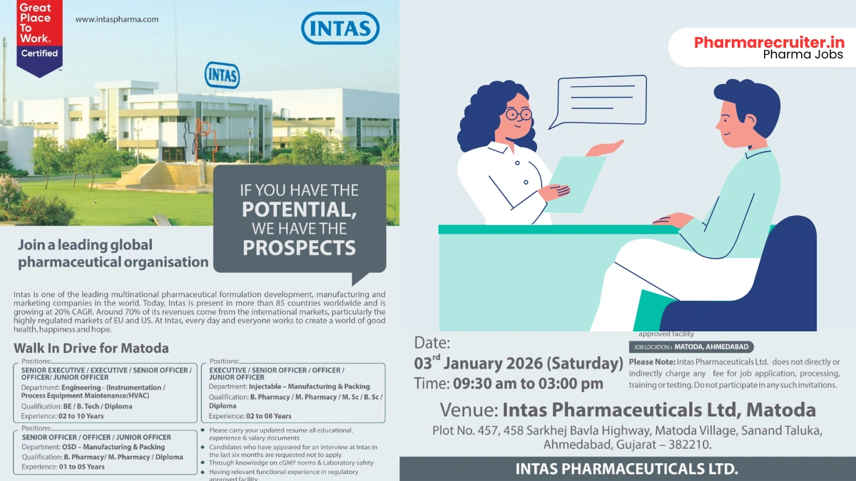 Intas Pharmaceuticals Ltd Walk-In Drive for Engineering, OSD & Injectable Pharma Jobs in Matoda, Ahmedabad