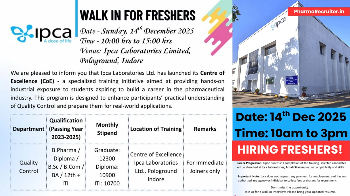 Fresher Jobs @ Ipca Laboratories Limited – Walk-in Interview for Quality Control Trainee on 14th Dec 2025
