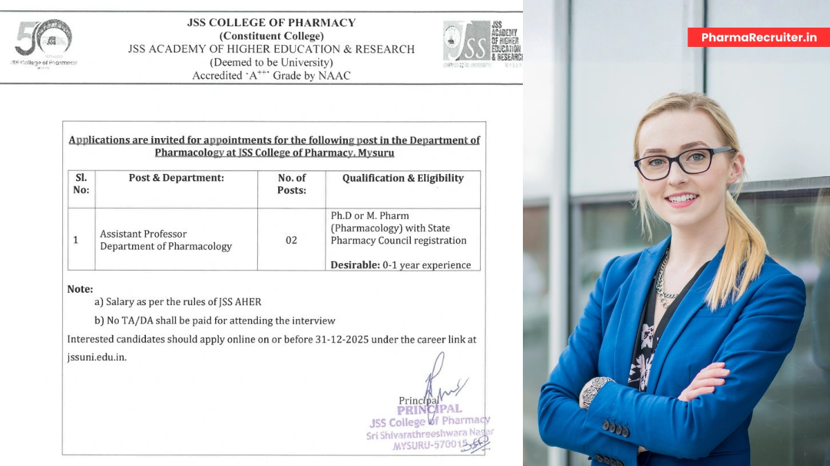 JSS College of Pharmacy Mysuru Faculty Recruitment for Assistant Professor in Pharmacology (2 Posts)
