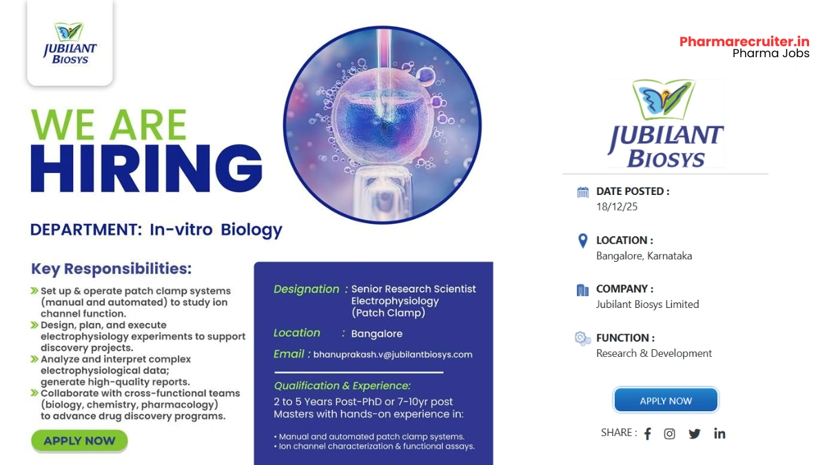 Jubilant Biosys Hiring Senior Research Scientist