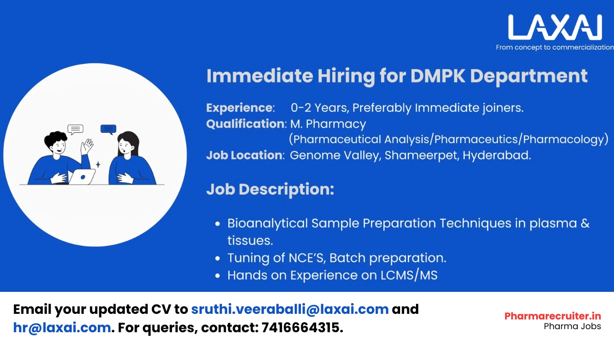 LAXAI Life Sciences Hiring Freshers for DMPK Department
