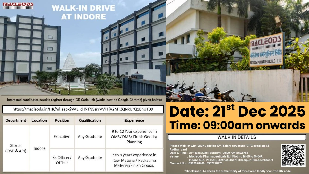 Macleods Pharmaceuticals Walk-in Interview for Stores Executive & Officer Roles in Indore