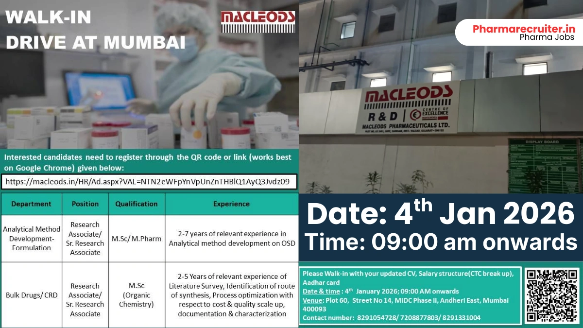 Macleods Pharmaceuticals walk in drive on 4th jan 2026