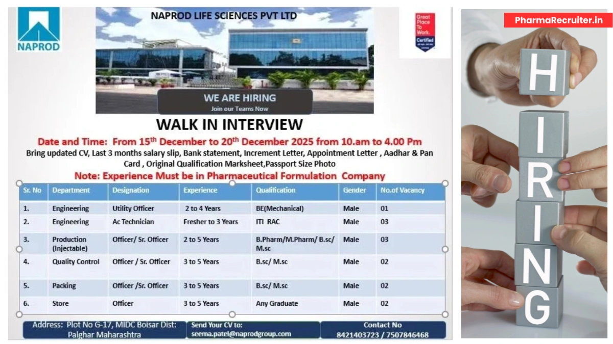 Naprod Life Sciences Hiring for Production, QC, Engineering Roles