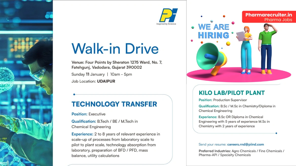 PI Industries Walk-in Interview 2026 for Technology Transfer & Production Supervisor Jobs in Udaipur