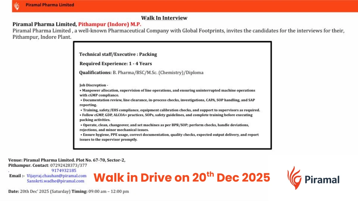 Piramal Pharma Limited Walk-In Interview for Packing Technical Staff&Executive Jobs in Pithampur on 20th Dec 2025