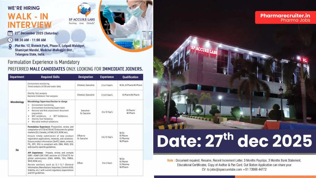 SP Accure Labs Walk-In Interview 2025 Pharma Jobs in Microbiology and Regulatory Affairs in Telangana