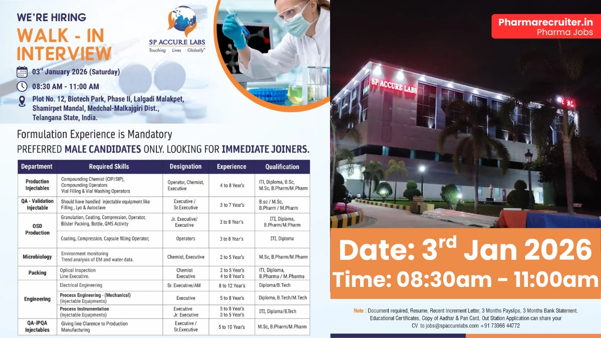 SP Accure Labs Walk-in Interview 2026 Injectable Production, QA, OSD & Microbiology Jobs in Hyderabad