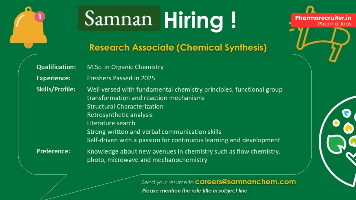 Samnan Chemicals Hiring Freshers 2025 for Research Associate (Chemical Synthesis) Jobs in Navi Mumbai
