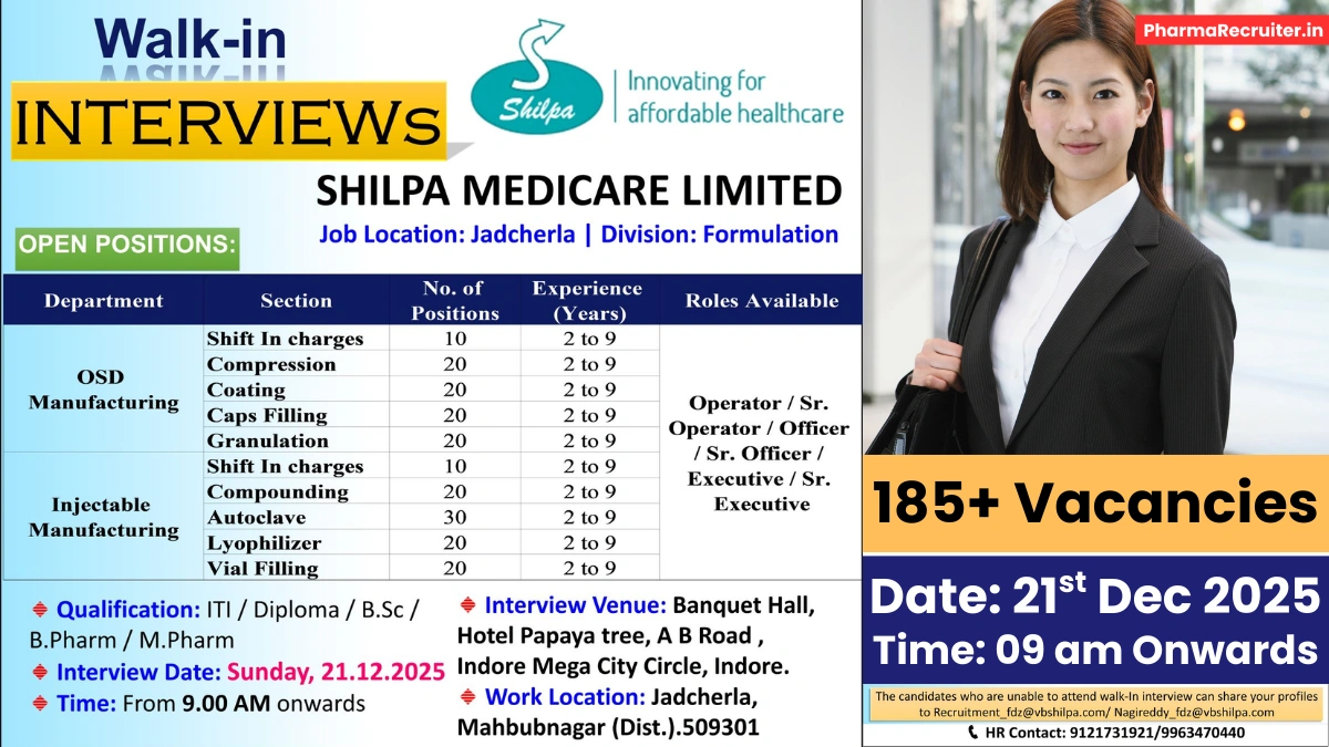 185+ Vacancies @ Shilpa Medicare Limited Walk-In Interview 2025 – Formulation Manufacturing Jobs in Jadcherla