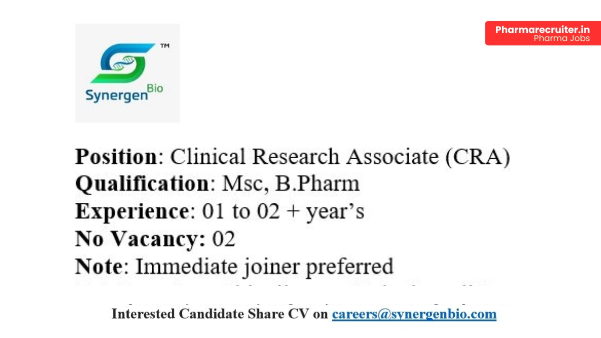 Synergen Bio Hiring Clinical Research Associate (CRA)