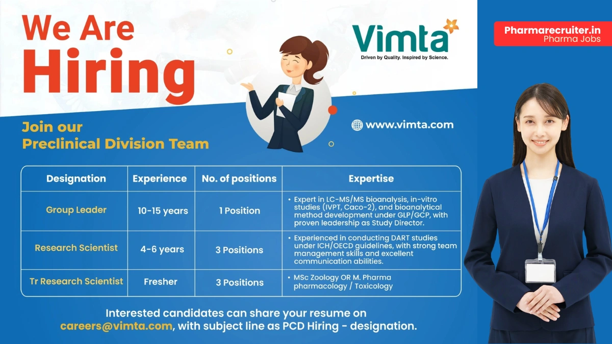 VIMTA Labs Hiring for Group Leader, Research Scientist & Trainee Roles