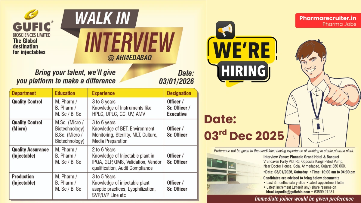 Walk-in Interview at Gufic Biosciences hiring QC, QA & Production Jobs in Injectables