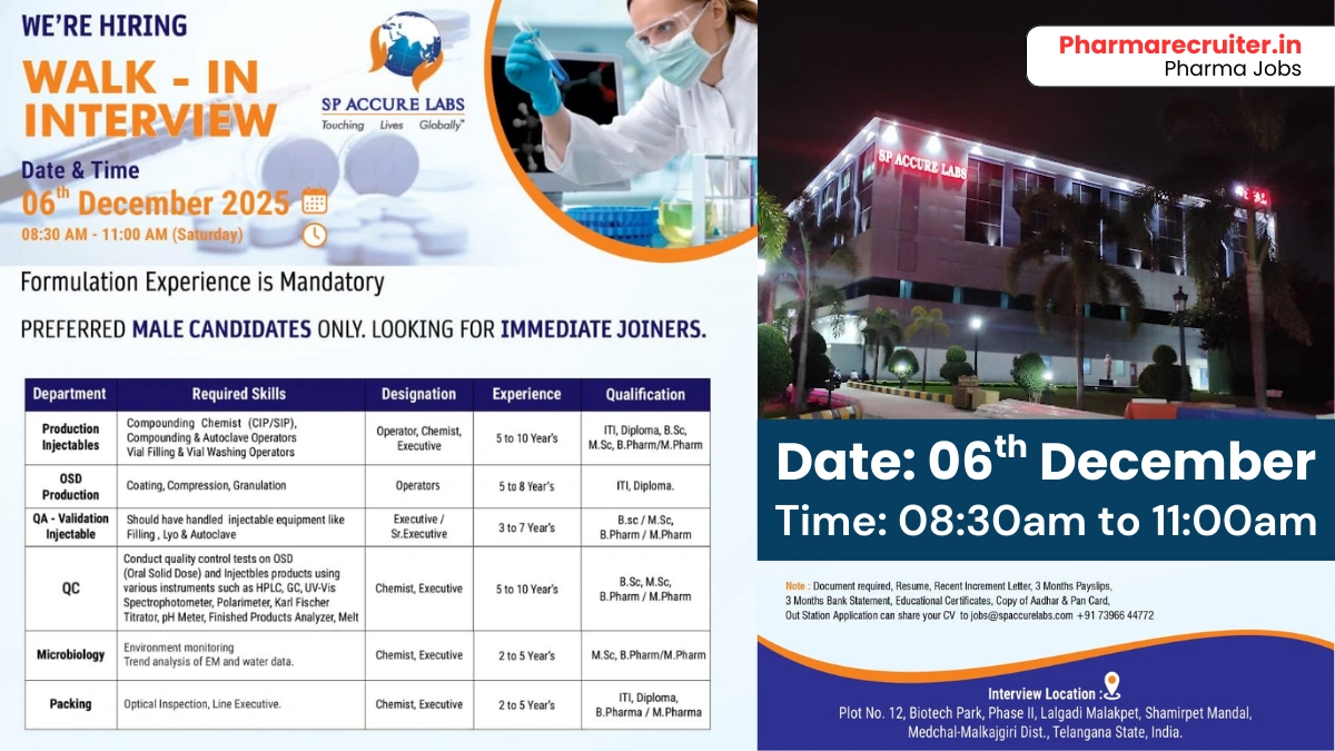 Walk-in Interview for Production, QA, QC Roles at SP Accure Labs