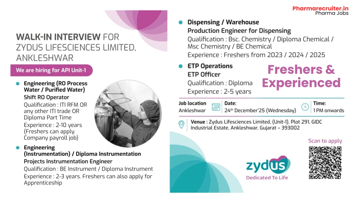 Zydus Lifesciences Walk-In Interview for API Unit-1 Roles for Freshers & Experienced on 24 Dec 2025