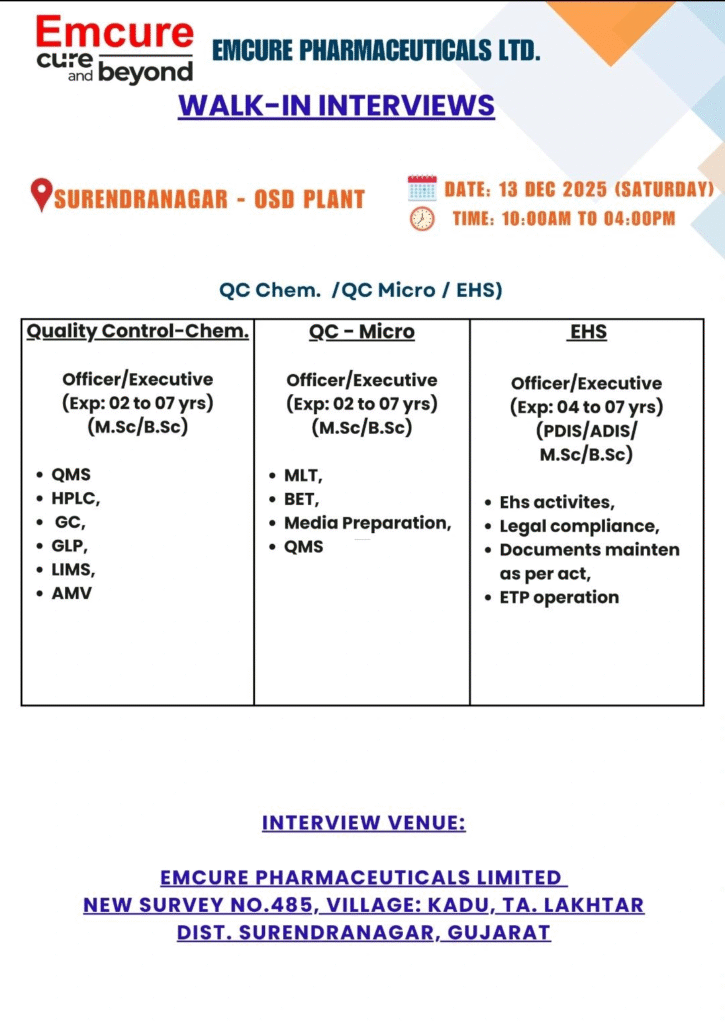 Emcure Pharmaceuticals Hiring for QC Chem, Micro, and EHS Roles | Walk-in Interview on 13th Dec 2025