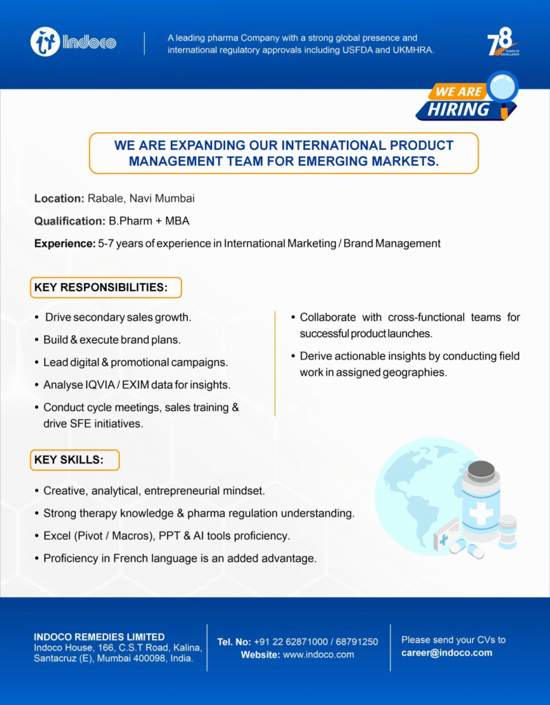 Indoco Remedies is Hiring for Product Manager - International Markets | Pharma Jobs in Navi Mumbai