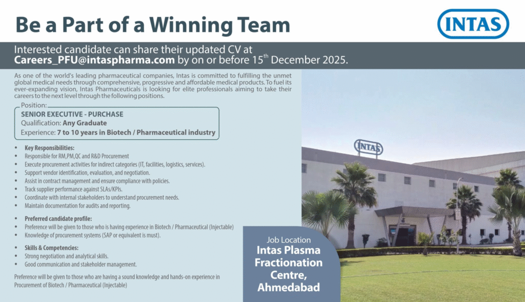 Intas Pharma Hiring for Sr. Executive